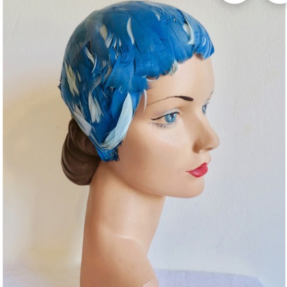 VTG 1950s Blue Feather Cloche Cocktail Hat - Picture 2 of 7